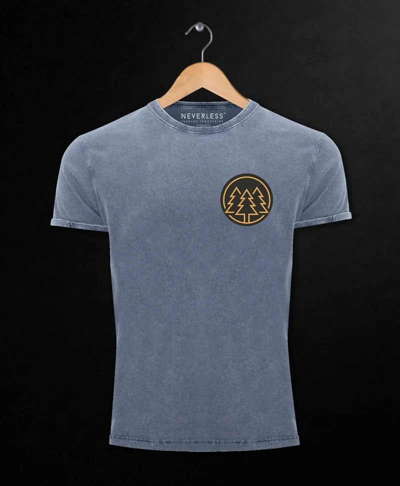 Herren Vintage Shirt Logo Print Wald Bäume Outdoor Motiv Printshirt T-Shirt Aufdruck Used Look