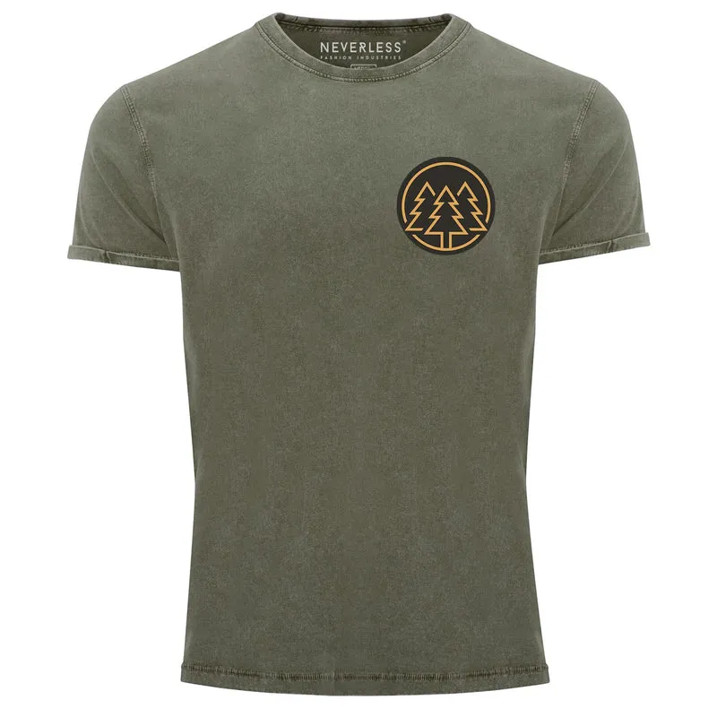 Herren Vintage Shirt Logo Print Wald Bäume Outdoor Motiv Printshirt T-Shirt Aufdruck Used Look