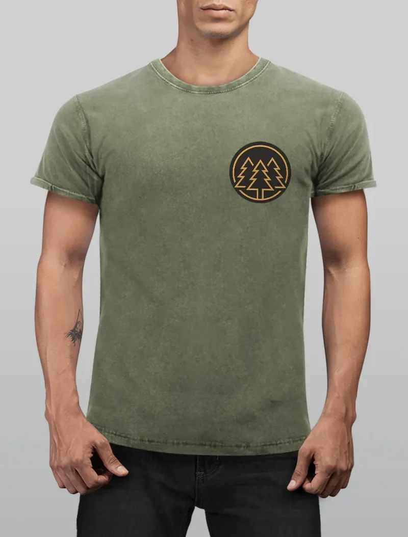 Herren Vintage Shirt Logo Print Wald Bäume Outdoor Motiv Printshirt T-Shirt Aufdruck Used Look