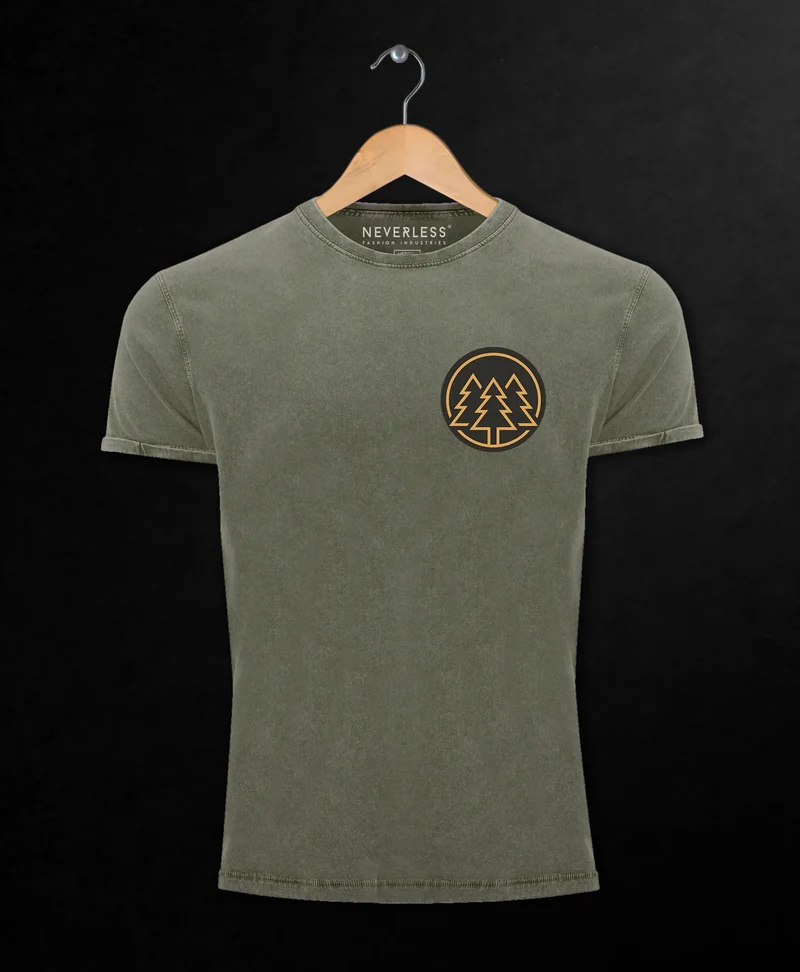 Herren Vintage Shirt Logo Print Wald Bäume Outdoor Motiv Printshirt T-Shirt Aufdruck Used Look