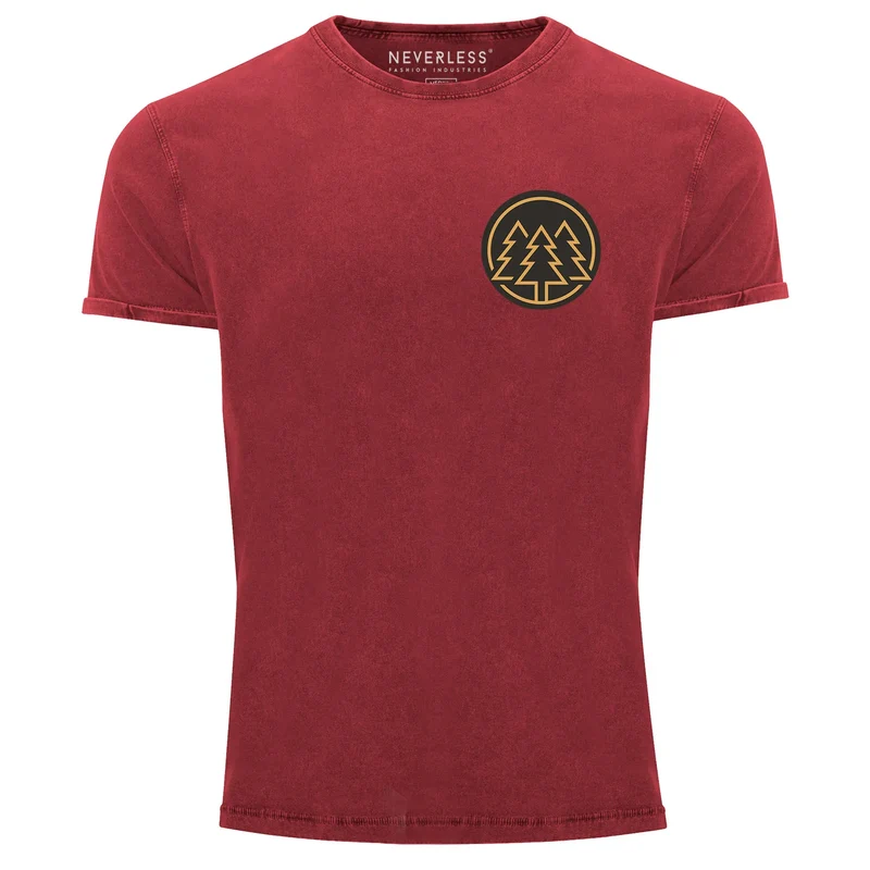 Herren Vintage Shirt Logo Print Wald Bäume Outdoor Motiv Printshirt T-Shirt Aufdruck Used Look