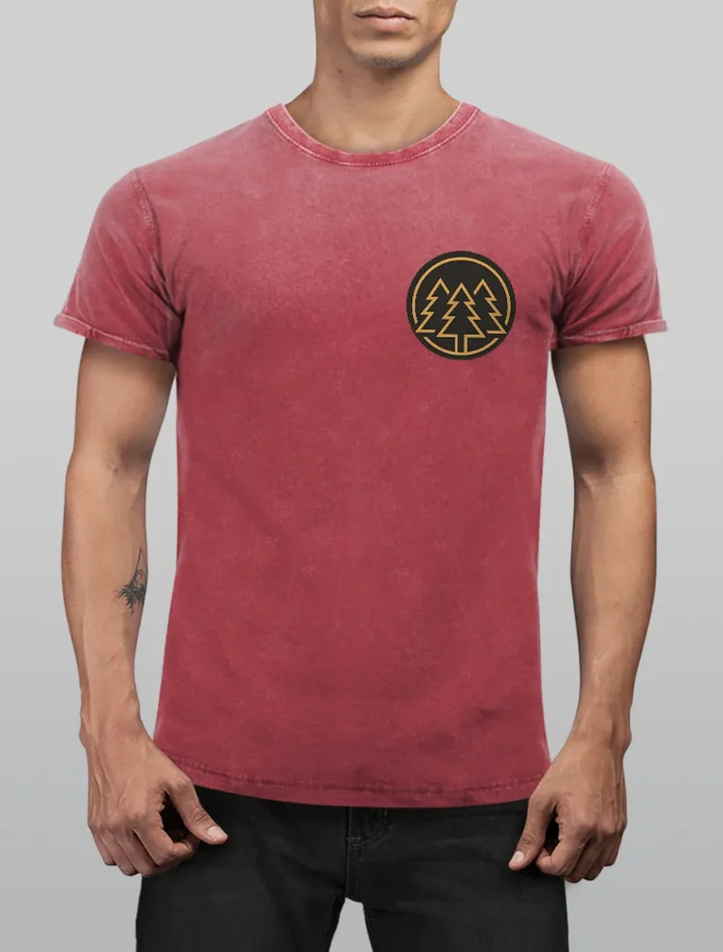 Herren Vintage Shirt Logo Print Wald Bäume Outdoor Motiv Printshirt T-Shirt Aufdruck Used Look