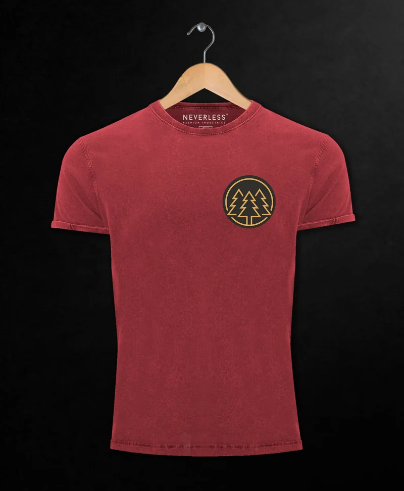 Herren Vintage Shirt Logo Print Wald Bäume Outdoor Motiv Printshirt T-Shirt Aufdruck Used Look