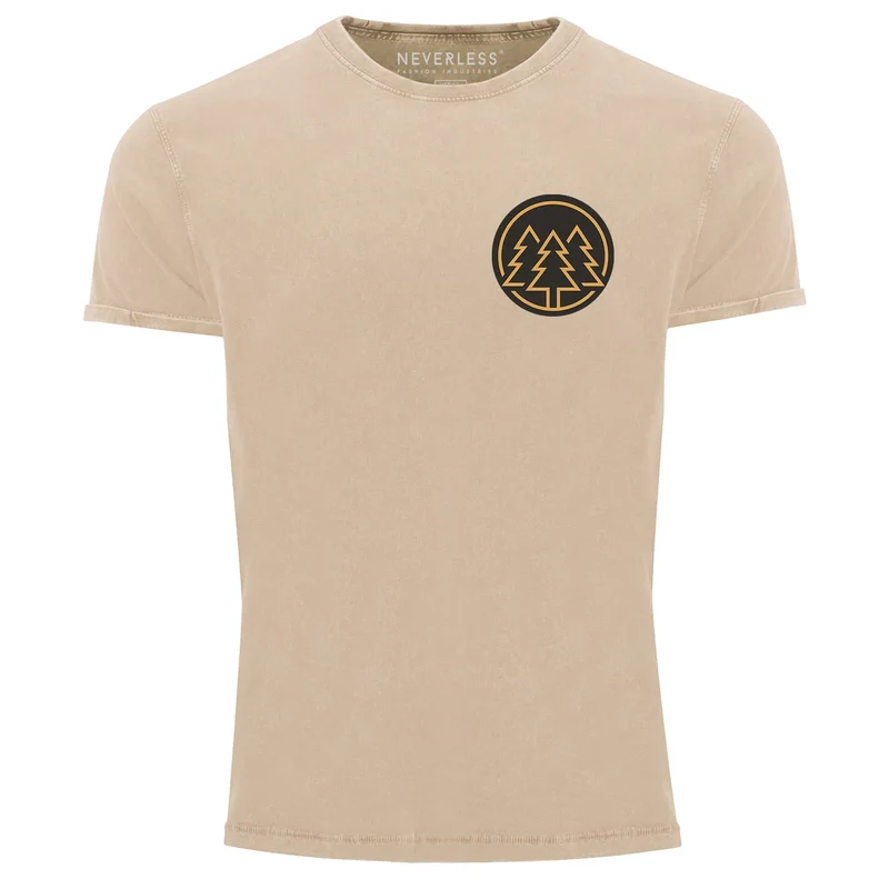 Herren Vintage Shirt Logo Print Wald Bäume Outdoor Motiv Printshirt T-Shirt Aufdruck Used Look