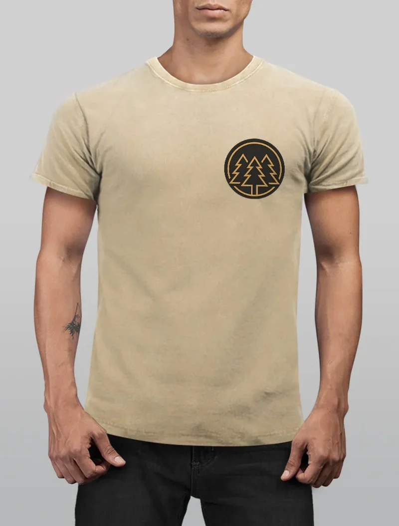 Herren Vintage Shirt Logo Print Wald Bäume Outdoor Motiv Printshirt T-Shirt Aufdruck Used Look