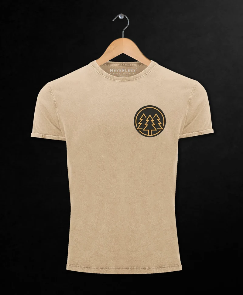 Herren Vintage Shirt Logo Print Wald Bäume Outdoor Motiv Printshirt T-Shirt Aufdruck Used Look