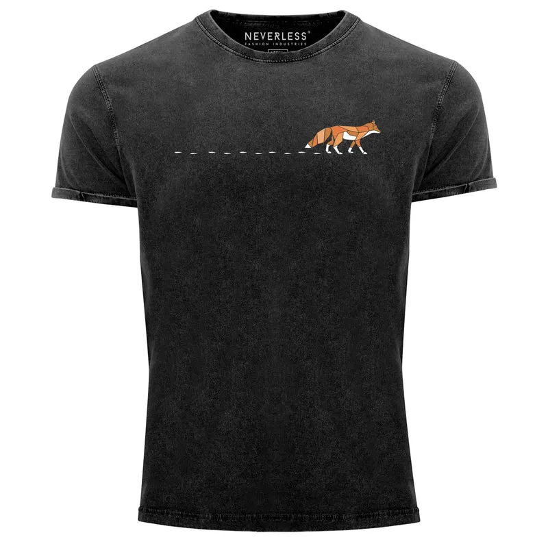 Herren T-Shirt Vintage Fuchs Fox Wald Tiermotiv Logo Print Badge Fashion Streetstyle Used Look
