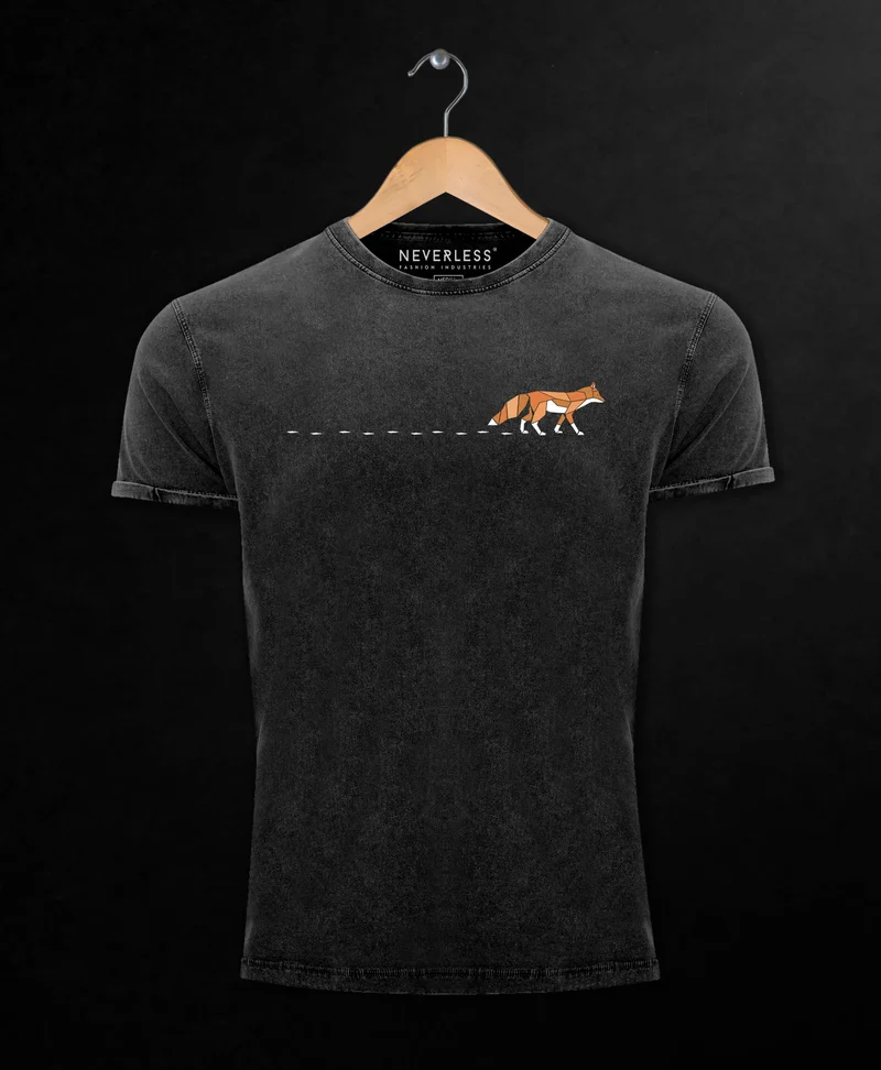 Herren T-Shirt Vintage Fuchs Fox Wald Tiermotiv Logo Print Badge Fashion Streetstyle Used Look