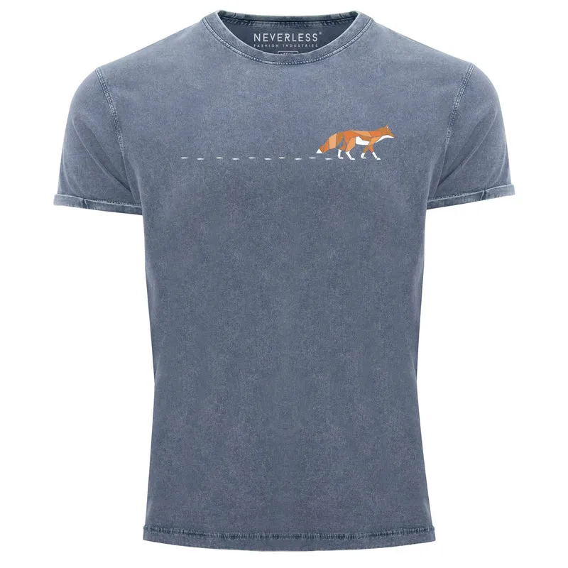 Herren T-Shirt Vintage Fuchs Fox Wald Tiermotiv Logo Print Badge Fashion Streetstyle Used Look