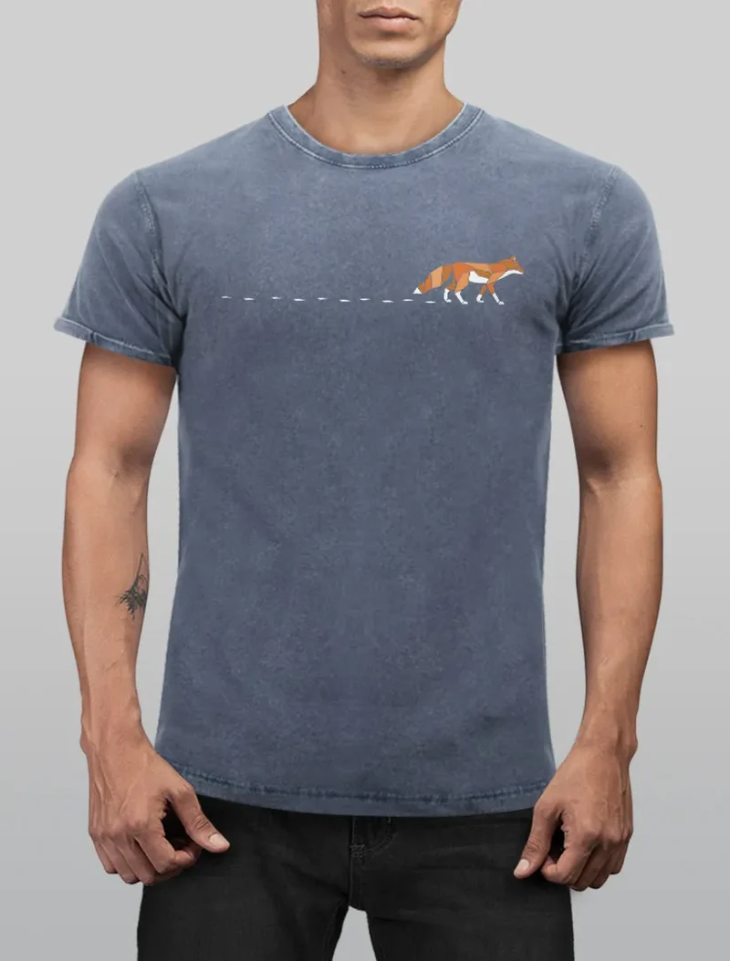 Herren T-Shirt Vintage Fuchs Fox Wald Tiermotiv Logo Print Badge Fashion Streetstyle Used Look