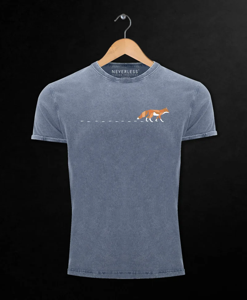 Herren T-Shirt Vintage Fuchs Fox Wald Tiermotiv Logo Print Badge Fashion Streetstyle Used Look