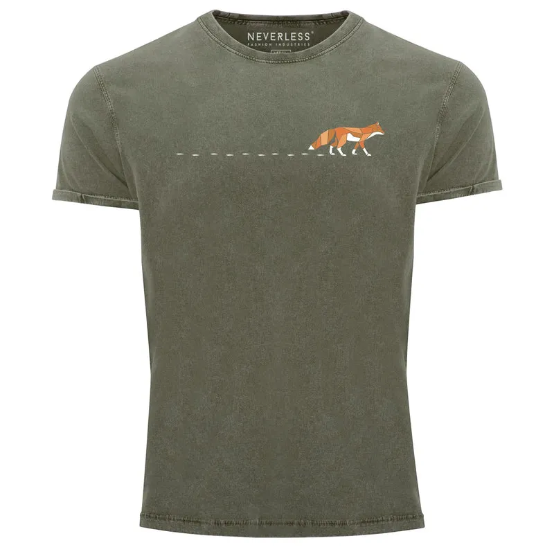 Herren T-Shirt Vintage Fuchs Fox Wald Tiermotiv Logo Print Badge Fashion Streetstyle Used Look