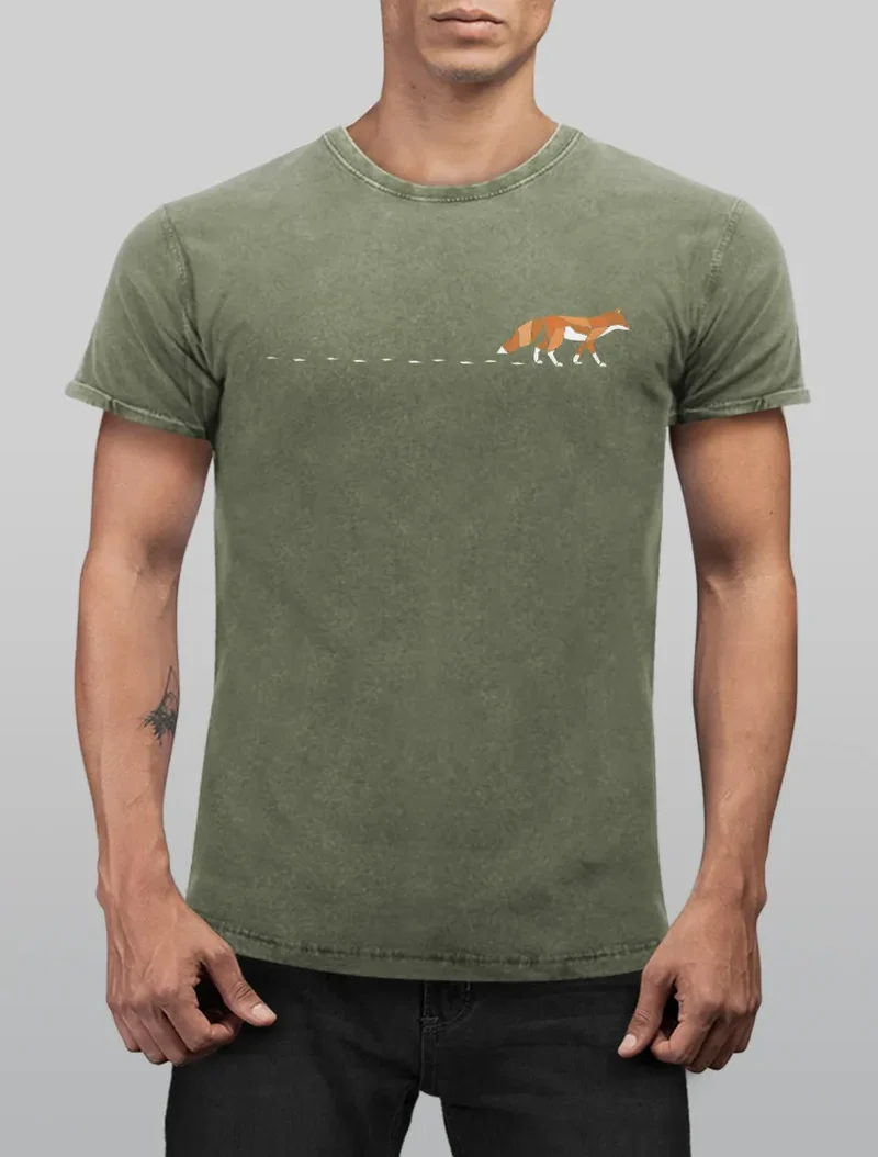 Herren T-Shirt Vintage Fuchs Fox Wald Tiermotiv Logo Print Badge Fashion Streetstyle Used Look