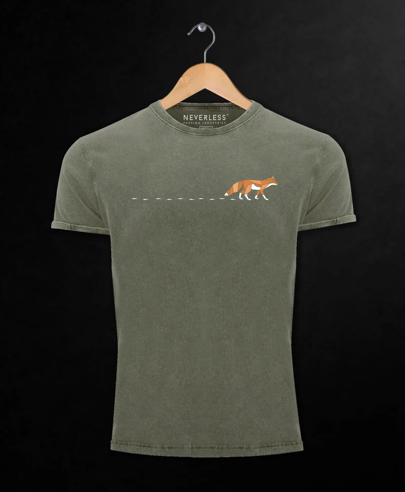 Herren T-Shirt Vintage Fuchs Fox Wald Tiermotiv Logo Print Badge Fashion Streetstyle Used Look