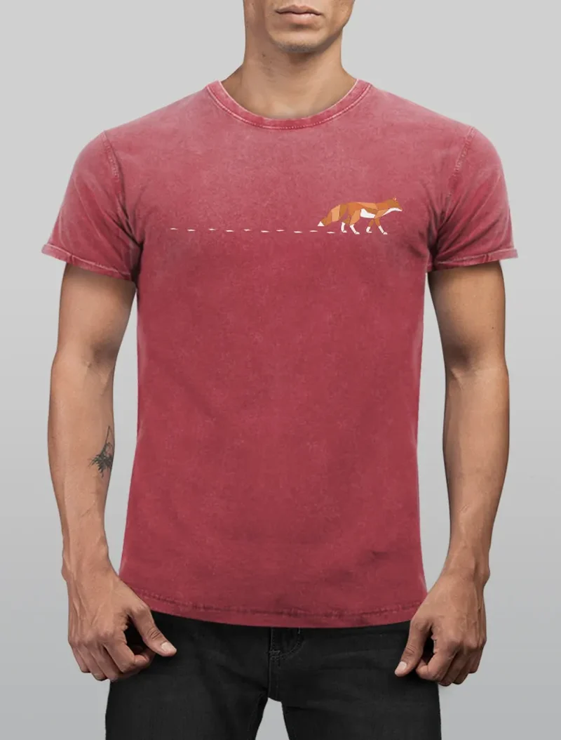 Herren T-Shirt Vintage Fuchs Fox Wald Tiermotiv Logo Print Badge Fashion Streetstyle Used Look