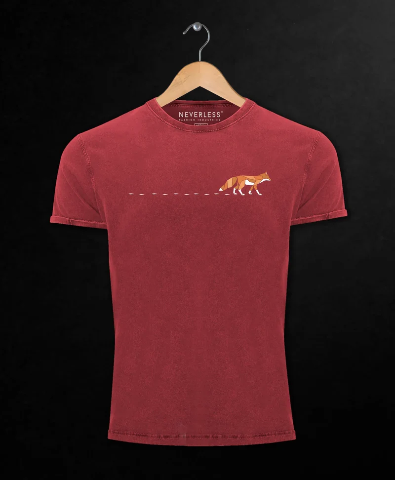 Herren T-Shirt Vintage Fuchs Fox Wald Tiermotiv Logo Print Badge Fashion Streetstyle Used Look
