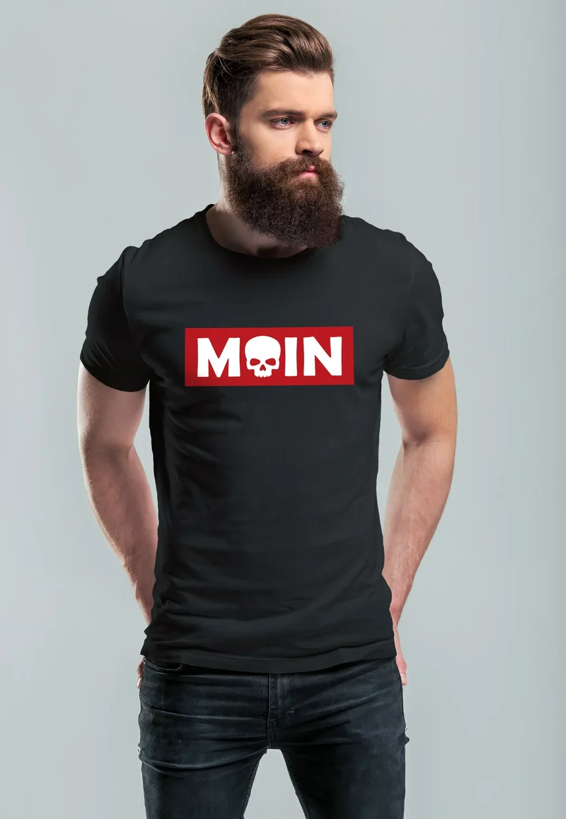 Herren T-Shirt Schriftzug Moin Skull Totenkopf Aufdruck Print Parodie Fashion Streetstyle