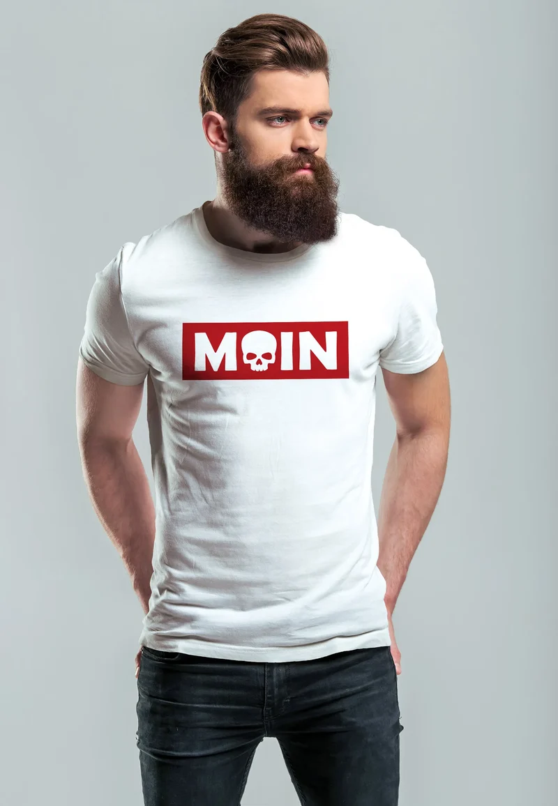 Herren T-Shirt Schriftzug Moin Skull Totenkopf Aufdruck Print Parodie Fashion Streetstyle