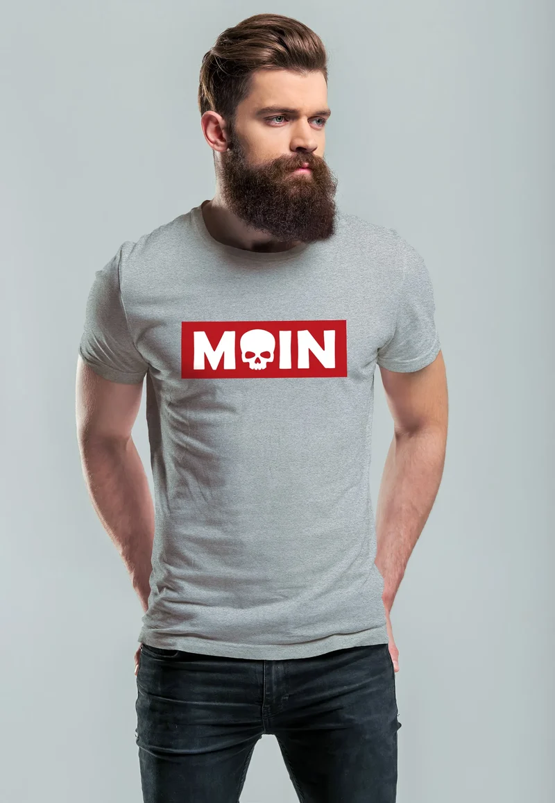 Herren T-Shirt Schriftzug Moin Skull Totenkopf Aufdruck Print Parodie Fashion Streetstyle