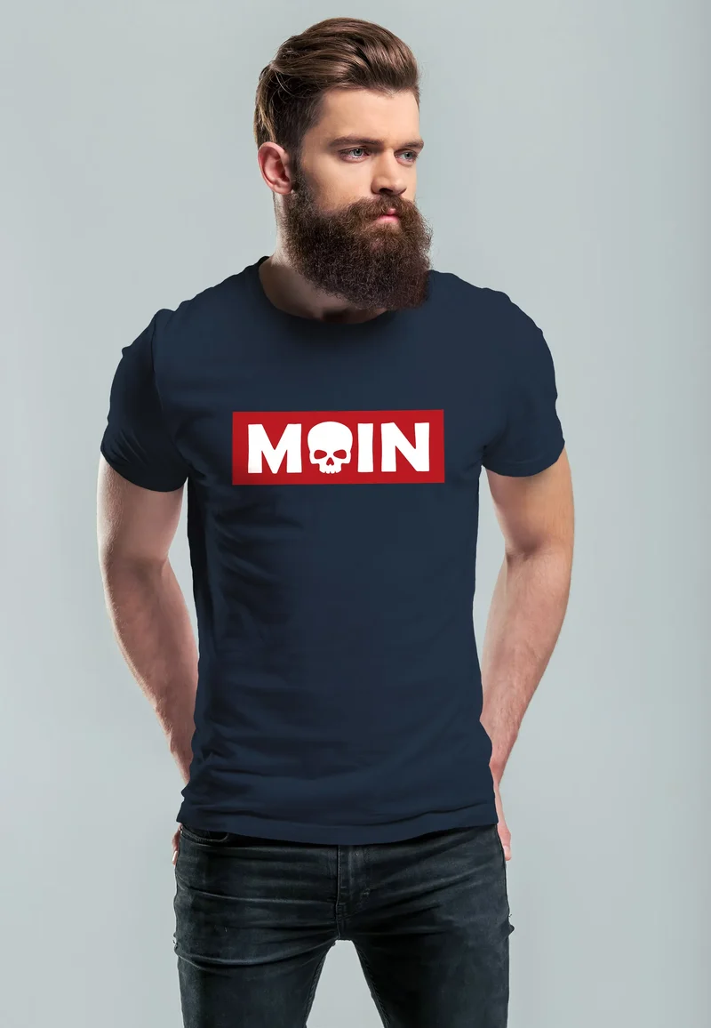 Herren T-Shirt Schriftzug Moin Skull Totenkopf Aufdruck Print Parodie Fashion Streetstyle