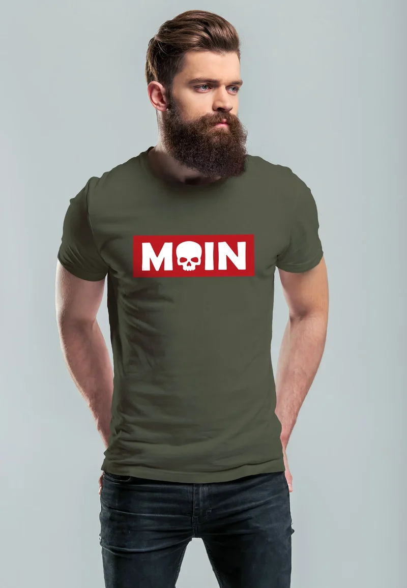 Herren T-Shirt Schriftzug Moin Skull Totenkopf Aufdruck Print Parodie Fashion Streetstyle