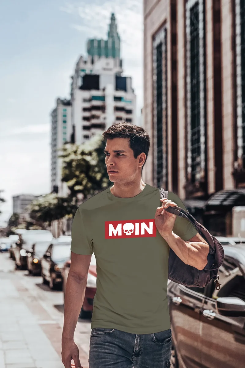 Herren T-Shirt Schriftzug Moin Skull Totenkopf Aufdruck Print Parodie Fashion Streetstyle