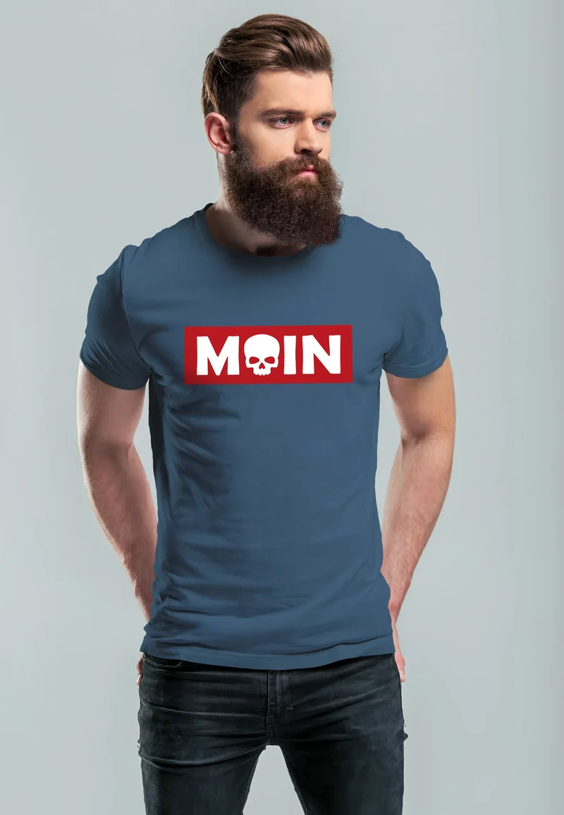 Herren T-Shirt Schriftzug Moin Skull Totenkopf Aufdruck Print Parodie Fashion Streetstyle