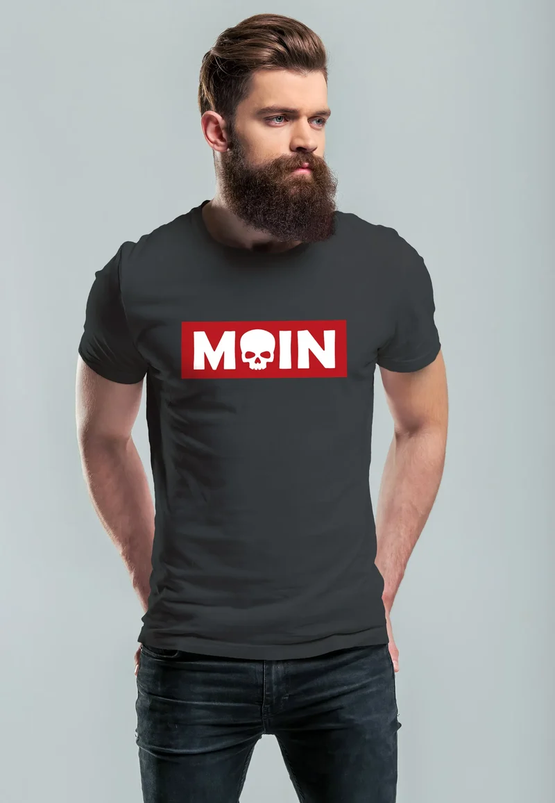 Herren T-Shirt Schriftzug Moin Skull Totenkopf Aufdruck Print Parodie Fashion Streetstyle