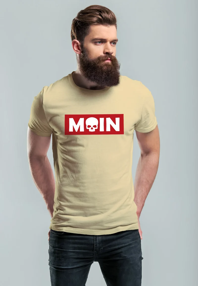 Herren T-Shirt Schriftzug Moin Skull Totenkopf Aufdruck Print Parodie Fashion Streetstyle