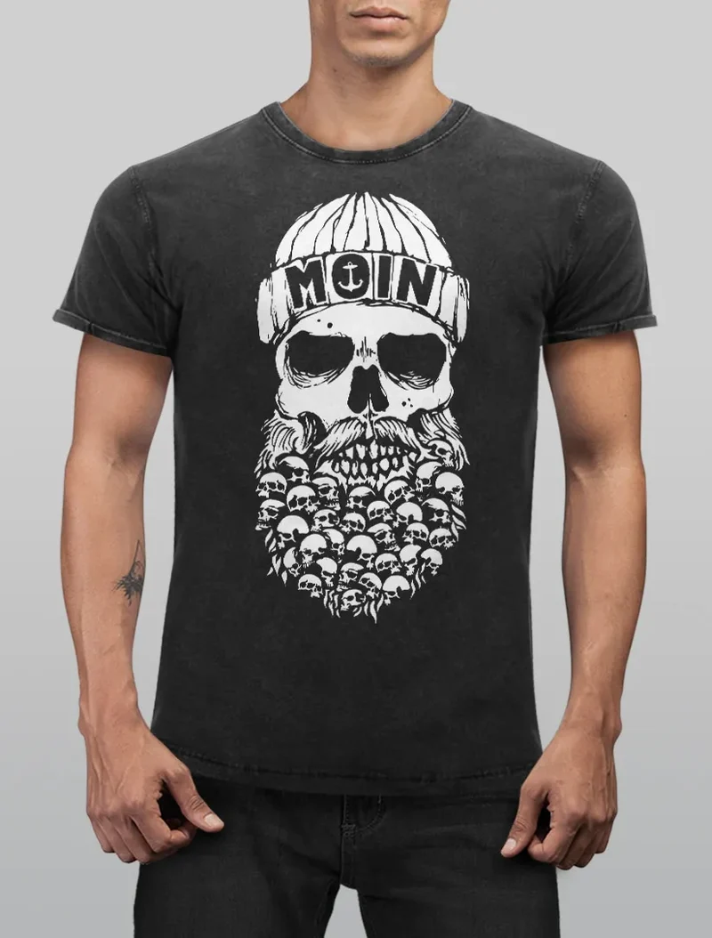 Herren Vintage Shirt Totenkopf Nordisch Moin Hamburg Dialekt Skull Anker Fashion Streetstyle