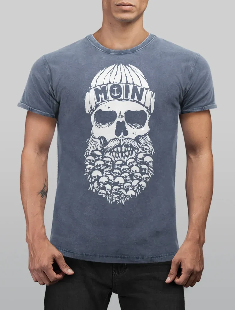 Herren Vintage Shirt Totenkopf Nordisch Moin Hamburg Dialekt Skull Anker Fashion Streetstyle