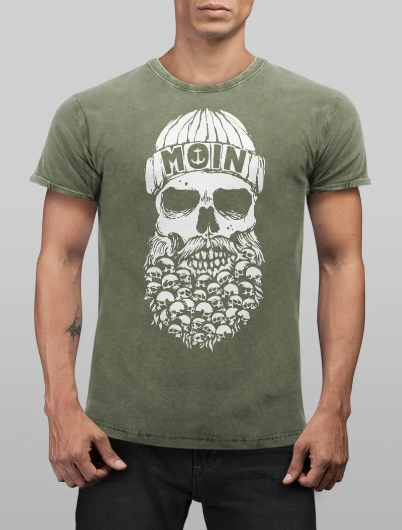 Herren Vintage Shirt Totenkopf Nordisch Moin Hamburg Dialekt Skull Anker Fashion Streetstyle