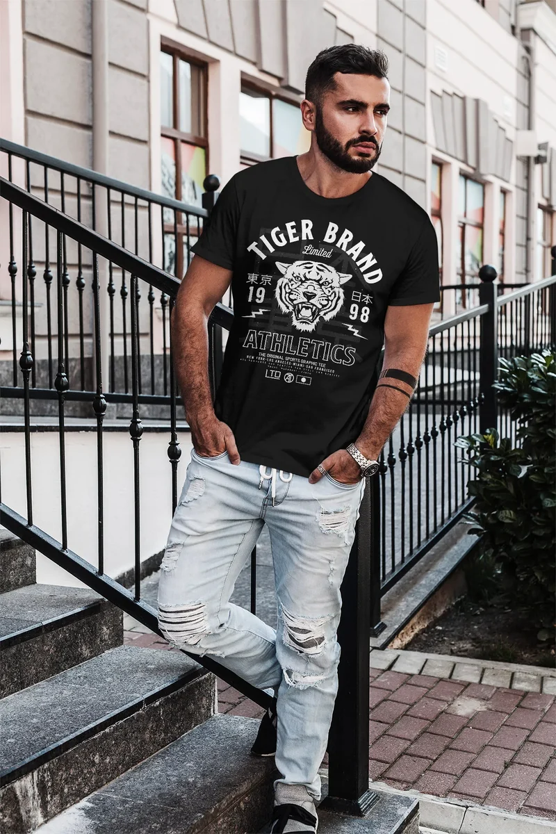 Herren T-Shirt Tiger Brand Tokyo Supply Japan Athletics Sport Aufdruck Slim Fit