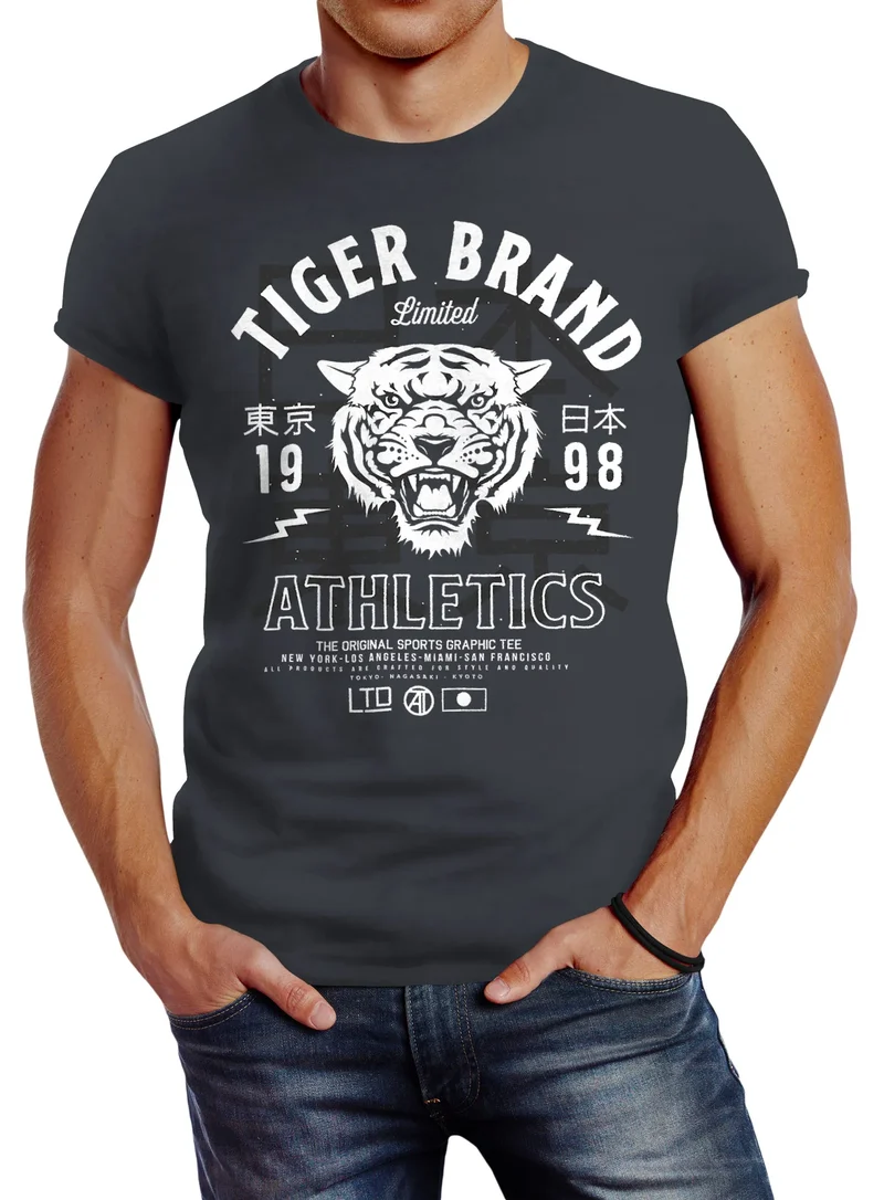 Herren T-Shirt Tiger Brand Tokyo Supply Japan Athletics Sport Aufdruck Slim Fit