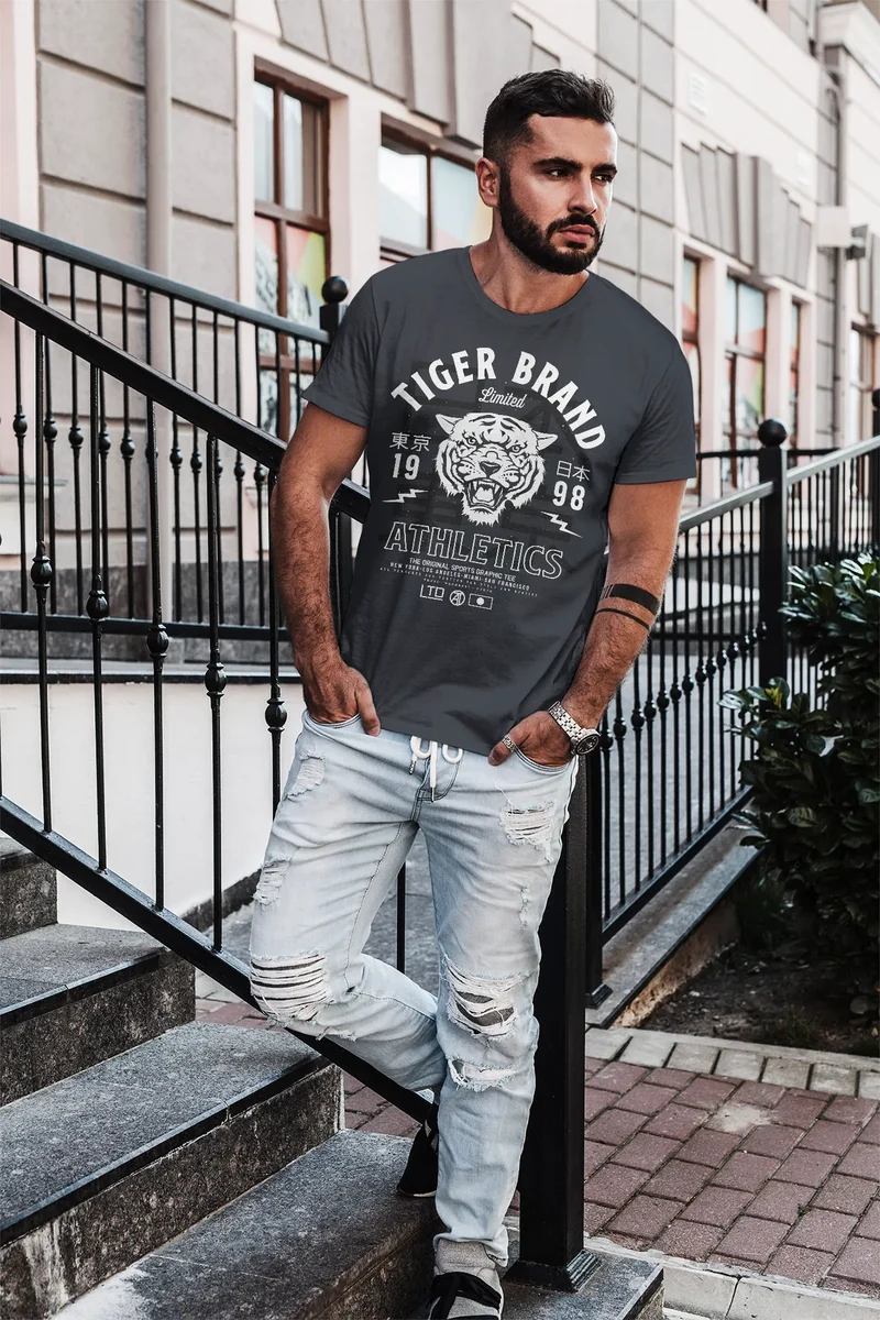 Herren T-Shirt Tiger Brand Tokyo Supply Japan Athletics Sport Aufdruck Slim Fit