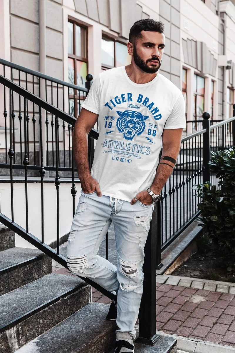 Herren T-Shirt Tiger Brand Tokyo Supply Japan Athletics Sport Aufdruck Slim Fit