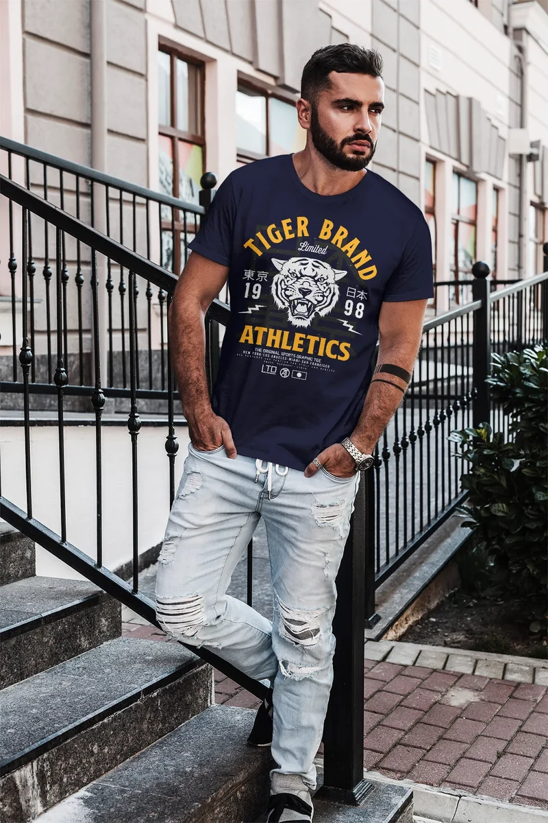 Herren T-Shirt Tiger Brand Tokyo Supply Japan Athletics Sport Aufdruck Slim Fit