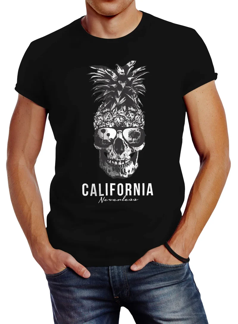 Cooles Herren T-Shirt Pineapple Skull Sonnenbrille Ananas Totenkopf Slim Fit