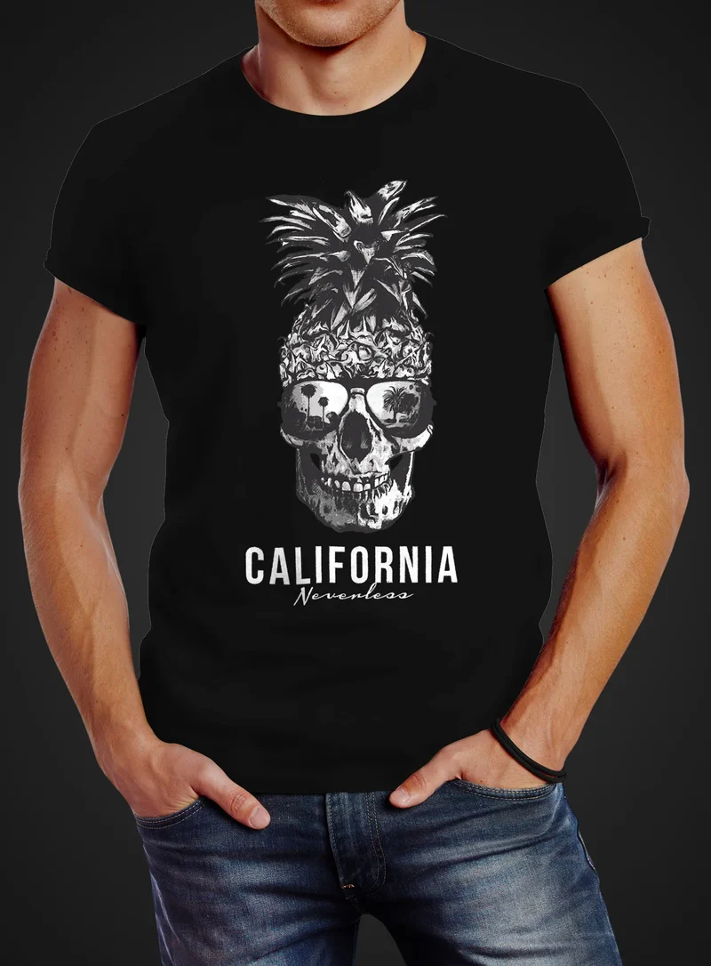Cooles Herren T-Shirt Pineapple Skull Sonnenbrille Ananas Totenkopf Slim Fit