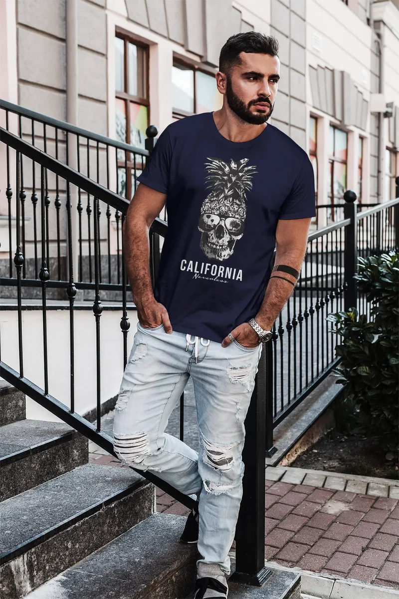 Cooles Herren T-Shirt Pineapple Skull Sonnenbrille Ananas Totenkopf Slim Fit