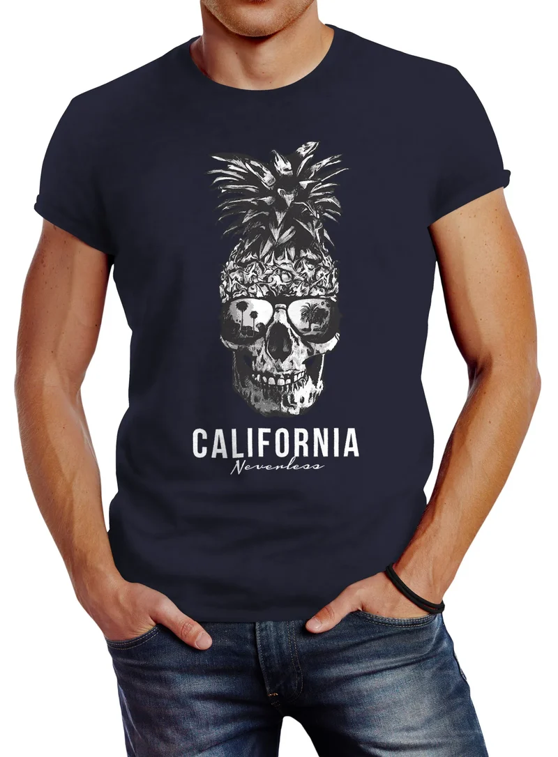 Cooles Herren T-Shirt Pineapple Skull Sonnenbrille Ananas Totenkopf Slim Fit