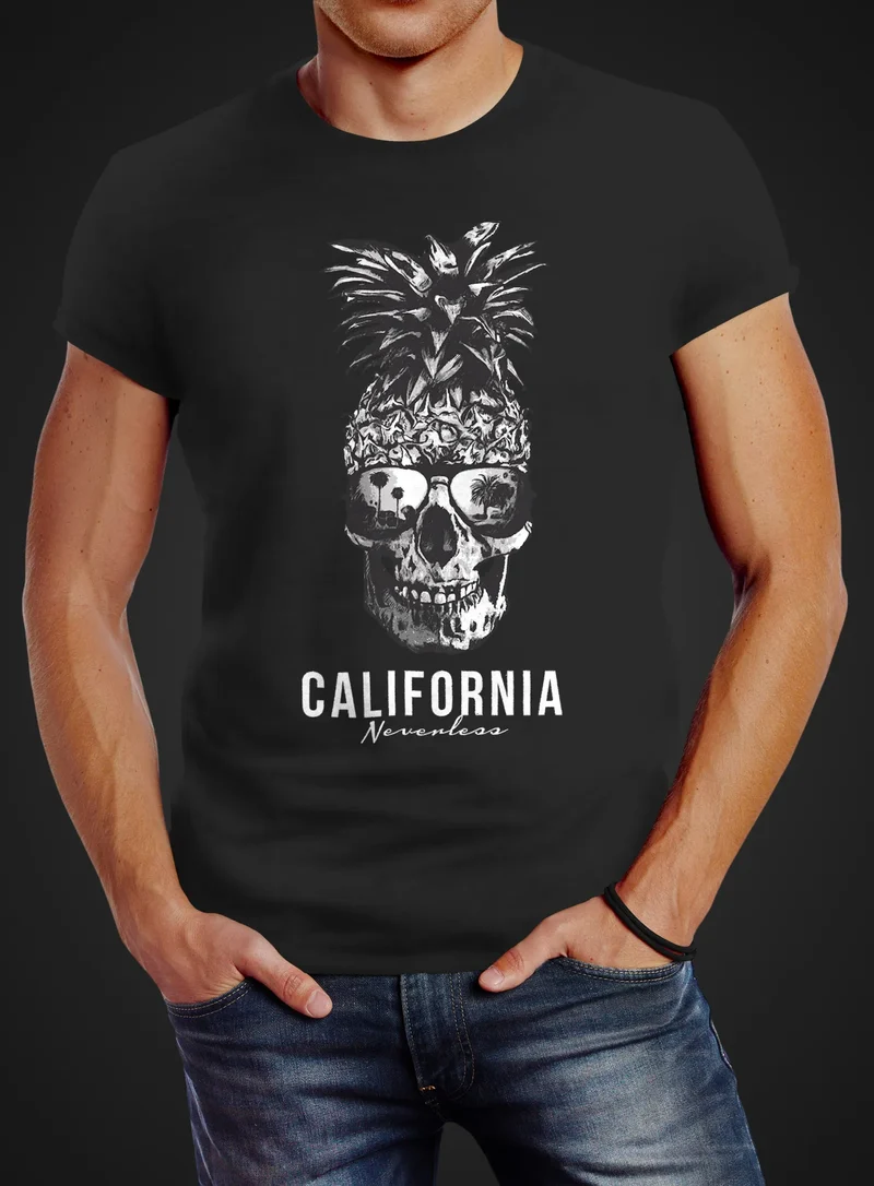 Cooles Herren T-Shirt Pineapple Skull Sonnenbrille Ananas Totenkopf Slim Fit