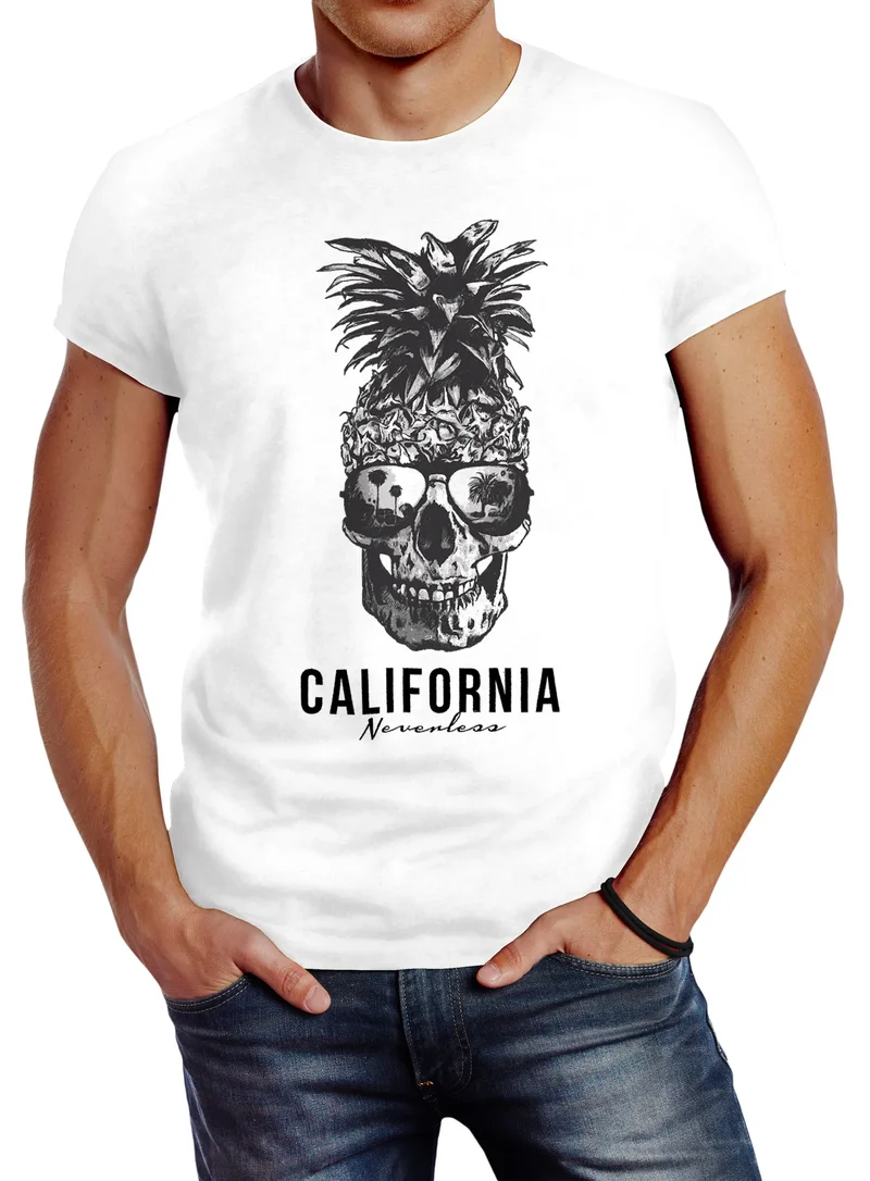 Cooles Herren T-Shirt Pineapple Skull Sonnenbrille Ananas Totenkopf Slim Fit
