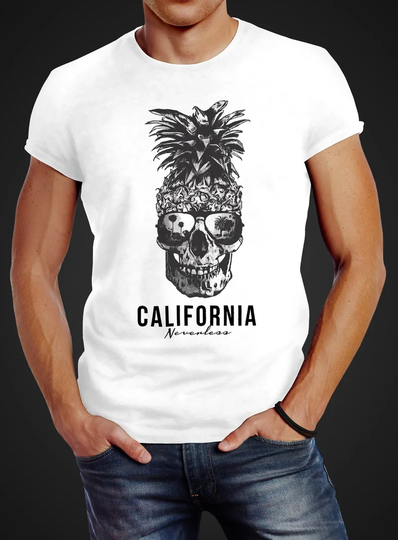 Cooles Herren T-Shirt Pineapple Skull Sonnenbrille Ananas Totenkopf Slim Fit