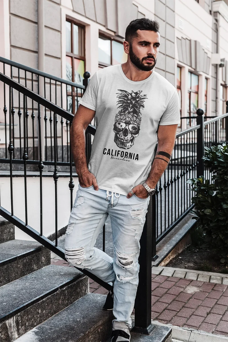 Cooles Herren T-Shirt Pineapple Skull Sonnenbrille Ananas Totenkopf Slim Fit