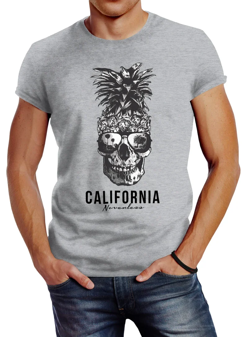 Cooles Herren T-Shirt Pineapple Skull Sonnenbrille Ananas Totenkopf Slim Fit