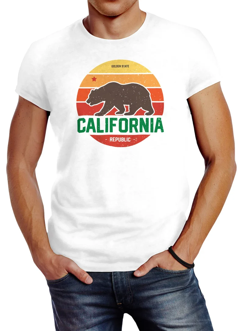 Herren T-Shirt California Retro Kalifornien Bär Summer Slim Fit Baumwolle