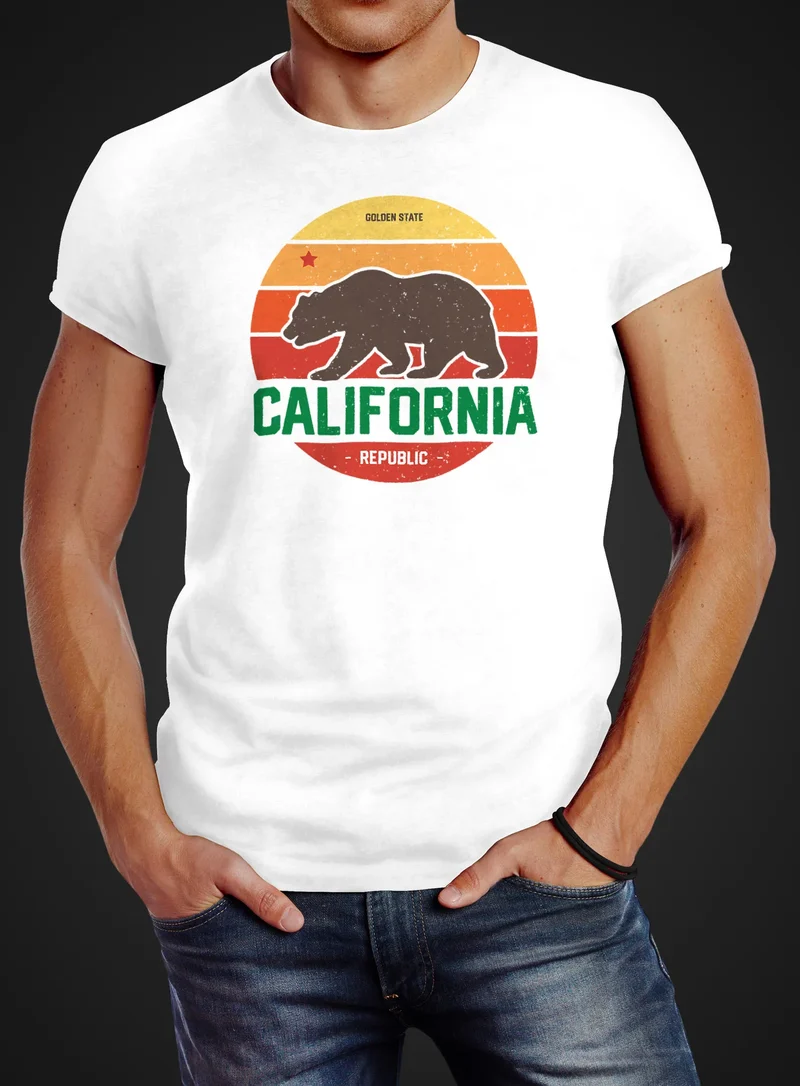 Herren T-Shirt California Retro Kalifornien Bär Summer Slim Fit Baumwolle