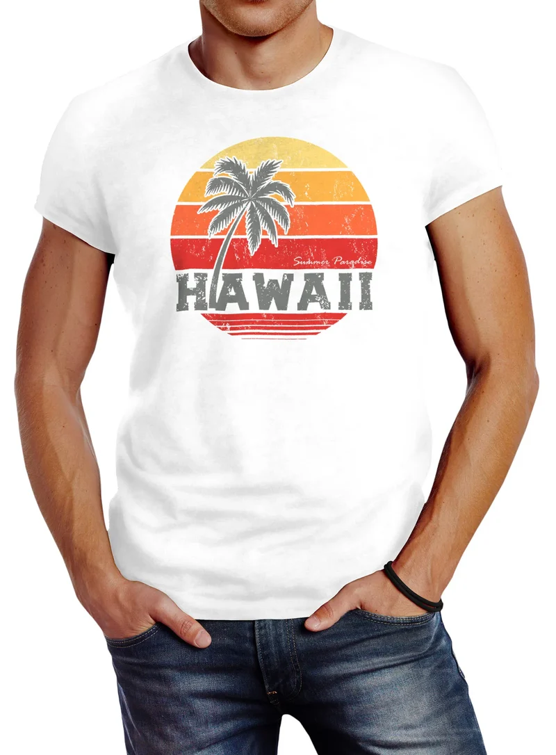 Herren T-Shirt Hawaii Palme Tropical Summer Retro Slim Fit Baumwolle