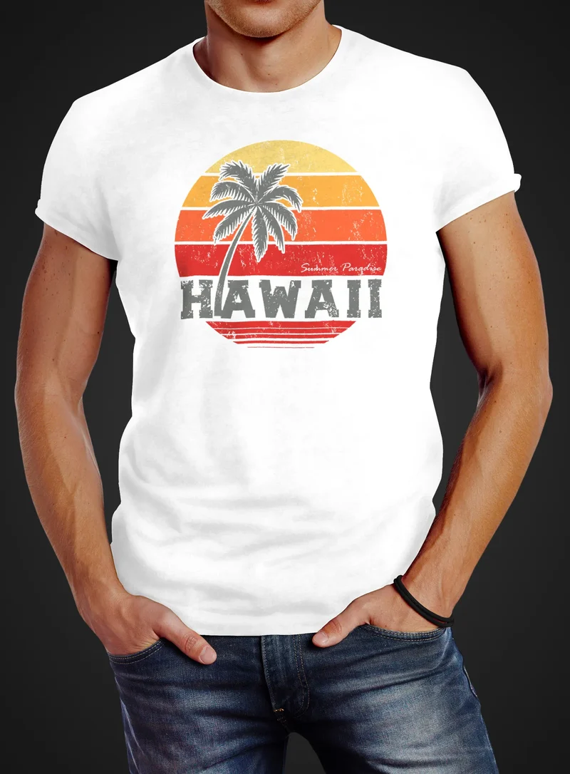 Herren T-Shirt Hawaii Palme Tropical Summer Retro Slim Fit Baumwolle
